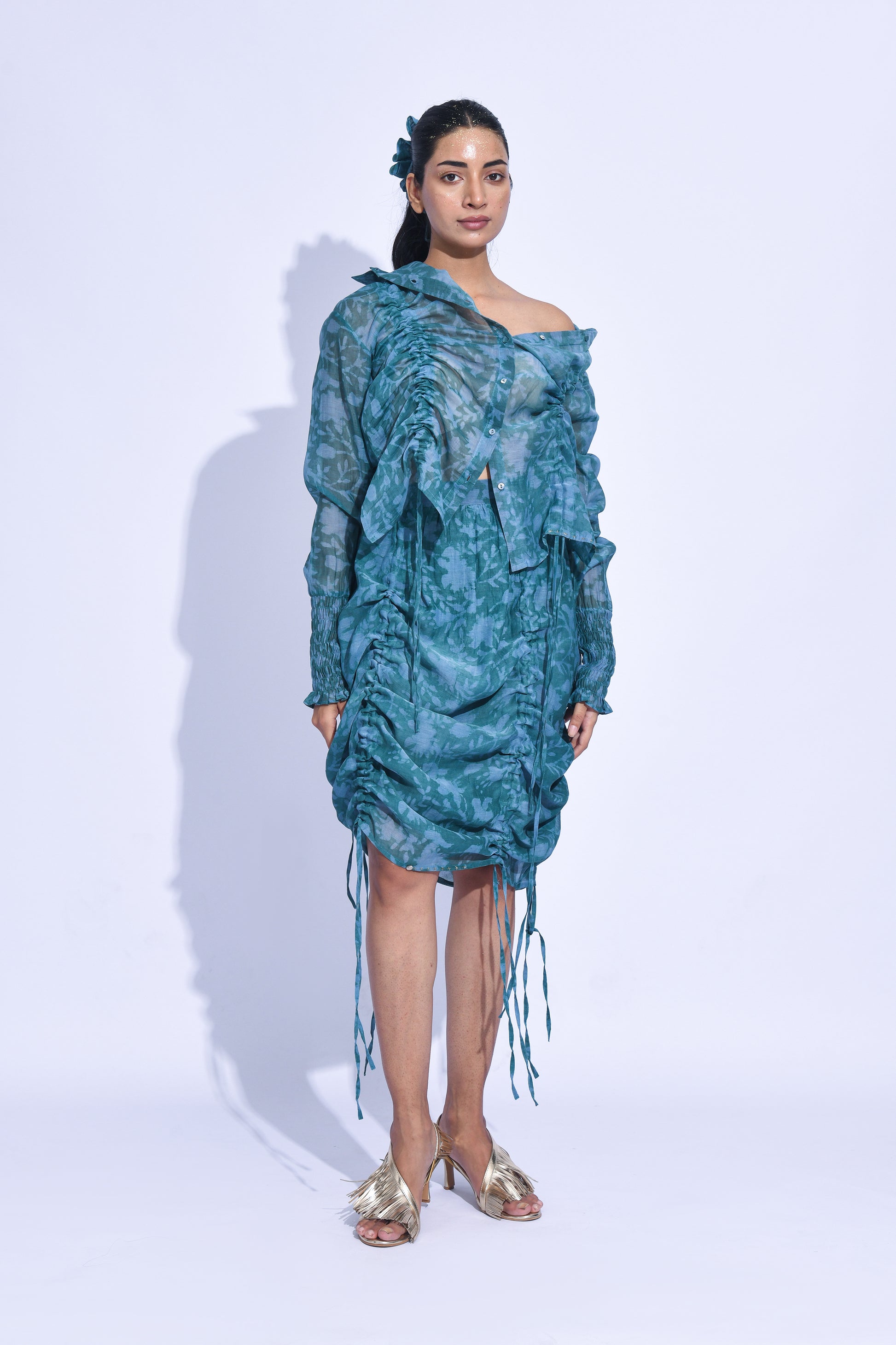 Teal Ruched Skirt Set