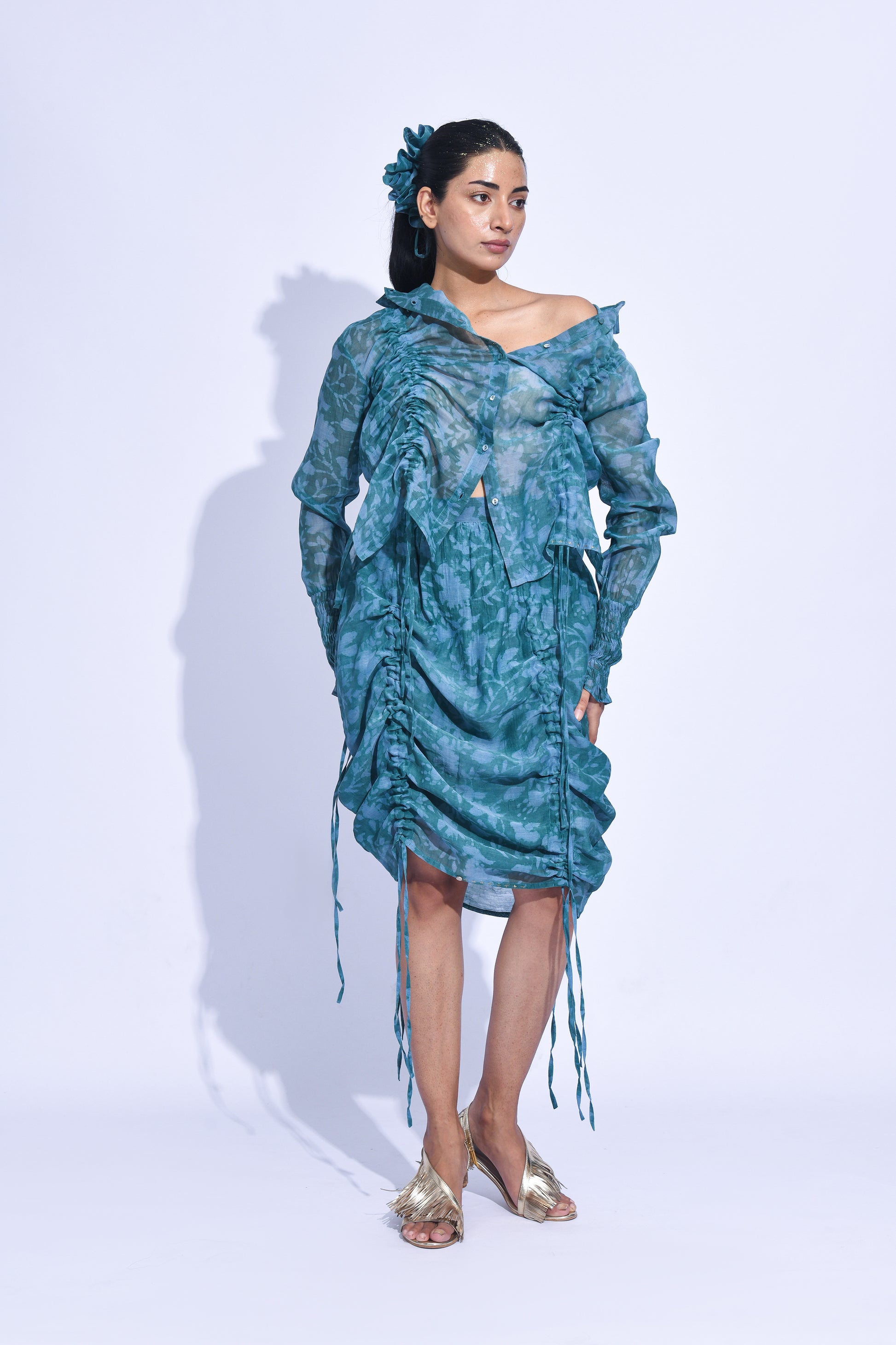 Teal Ruched Skirt Set