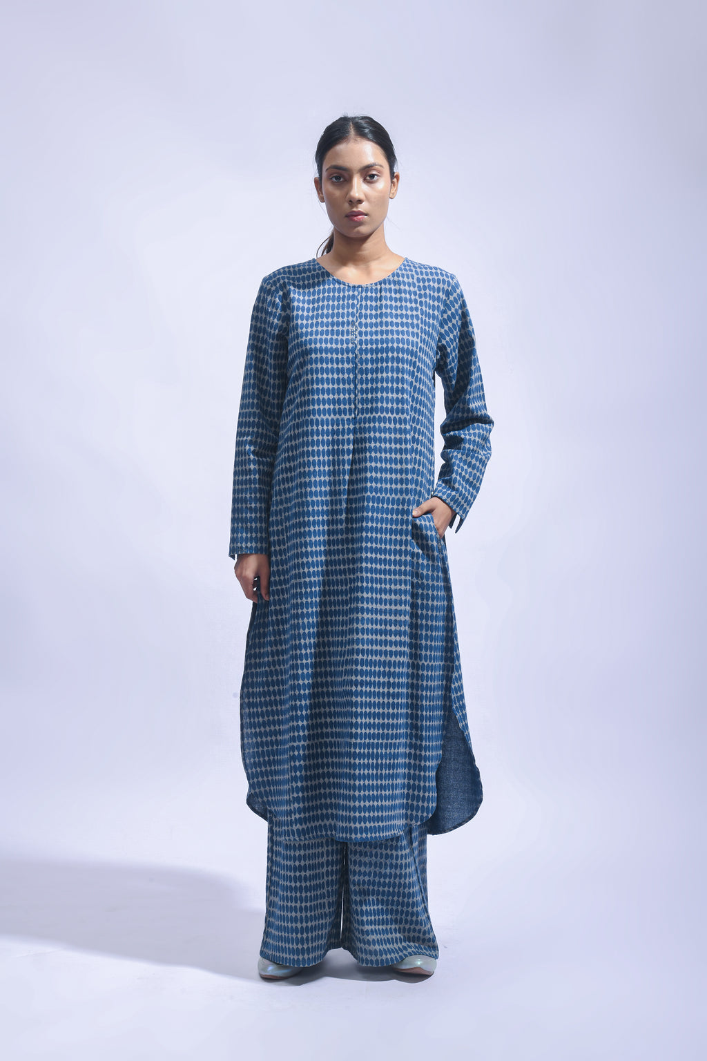 Indigo Block Printed Chambray Kurta & Pants Set