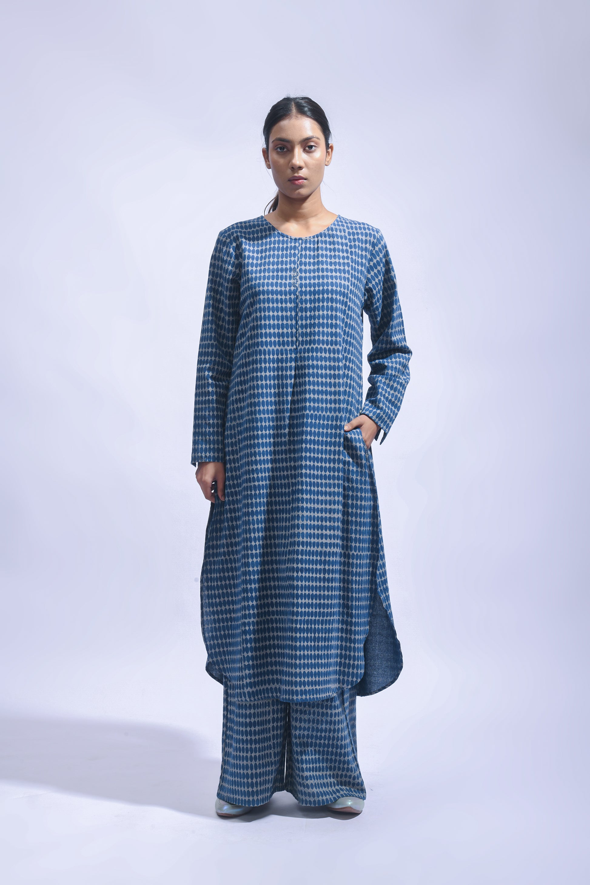 Indigo Block Printed Chambray Kurta & Pants Set