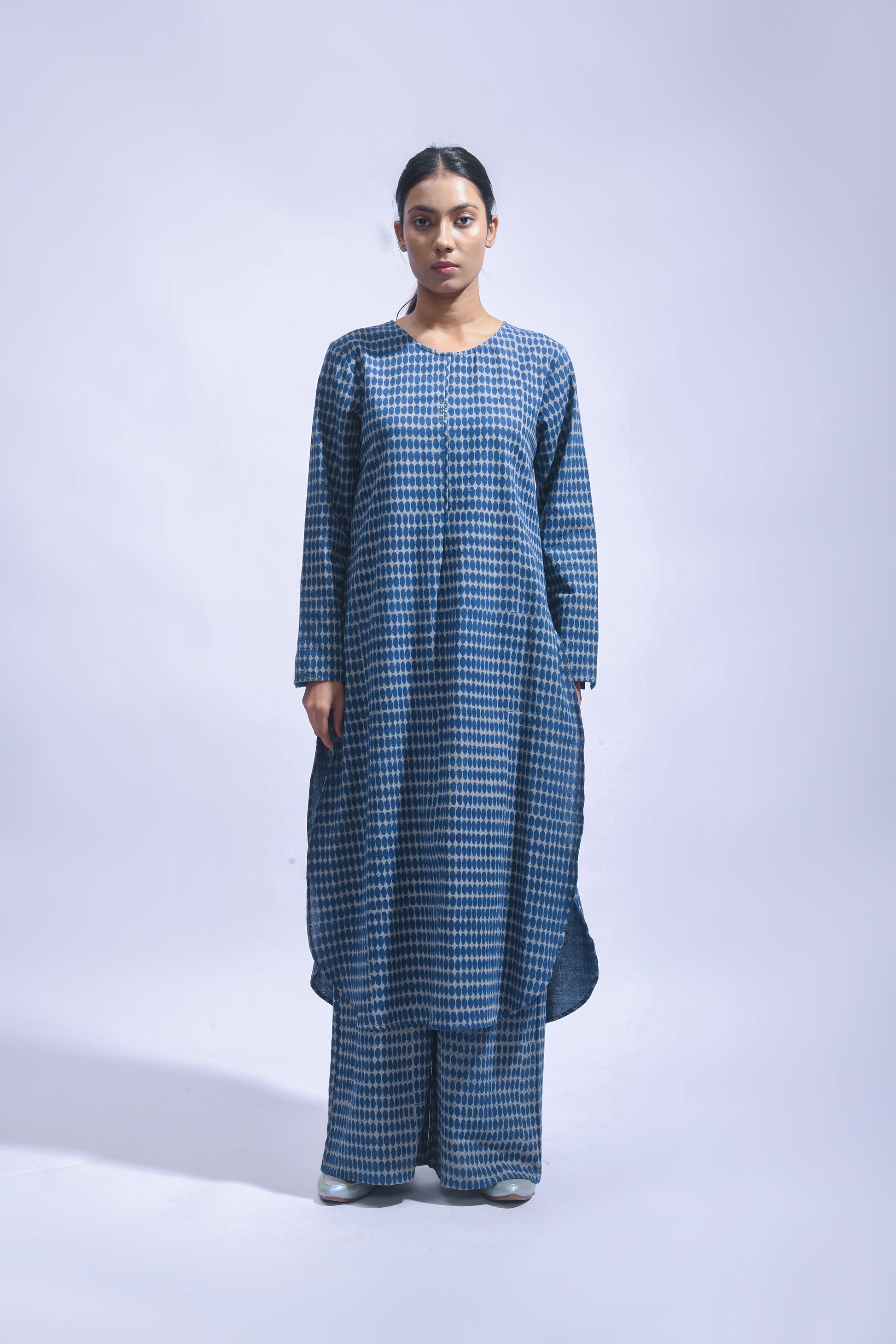 Indigo Block Printed Chambray Kurta & Pants Set