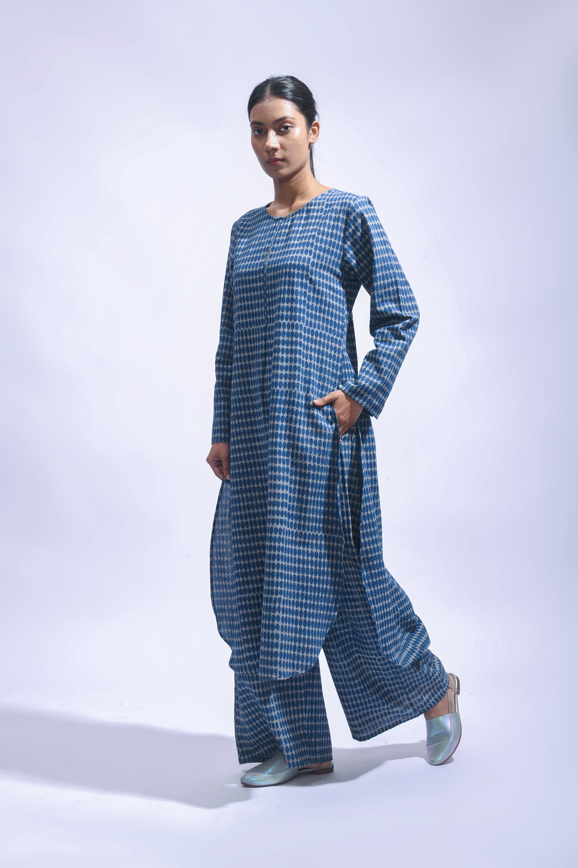 Indigo Block Printed Chambray Kurta & Pants Set