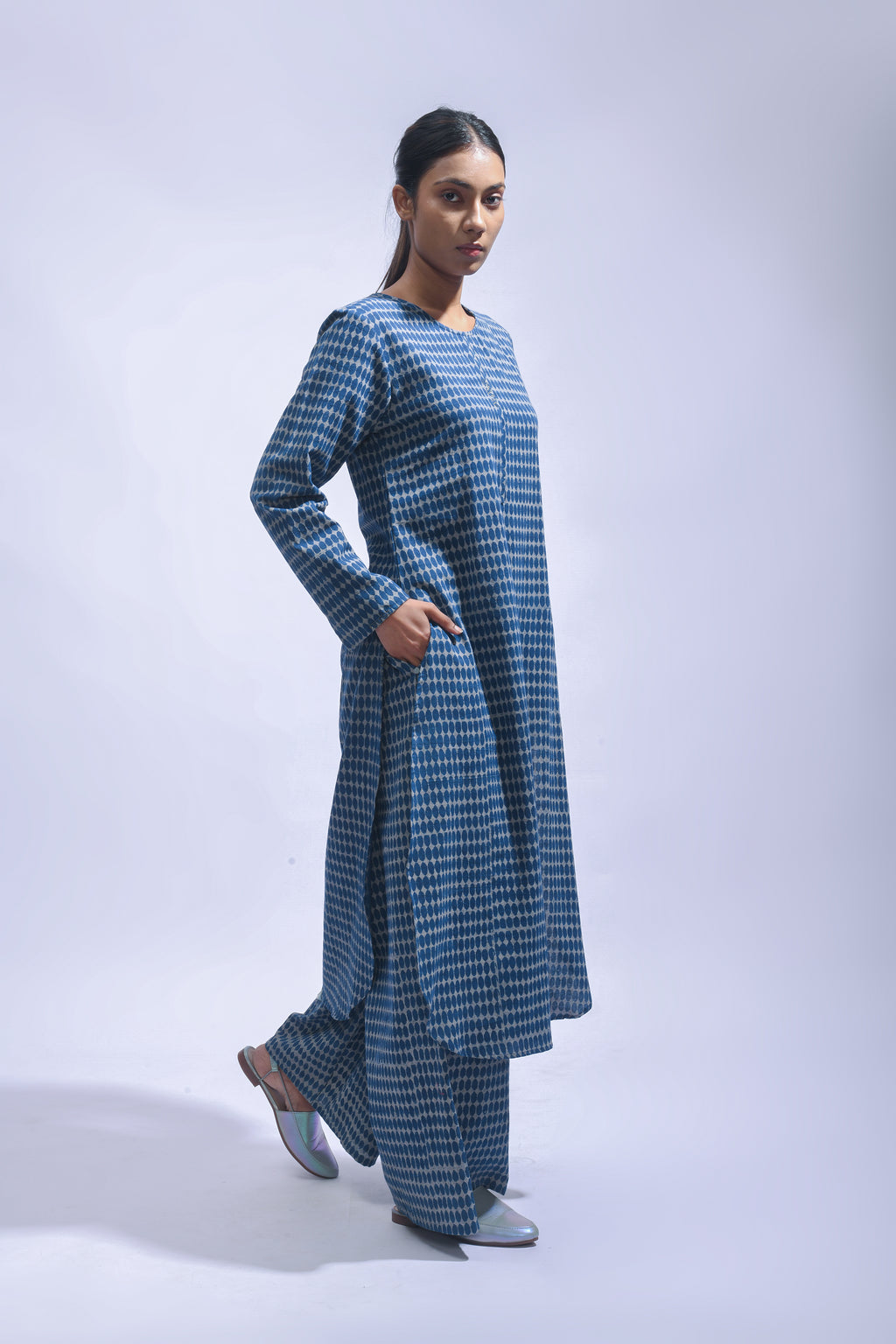 Indigo Block Printed Chambray Kurta & Pants Set