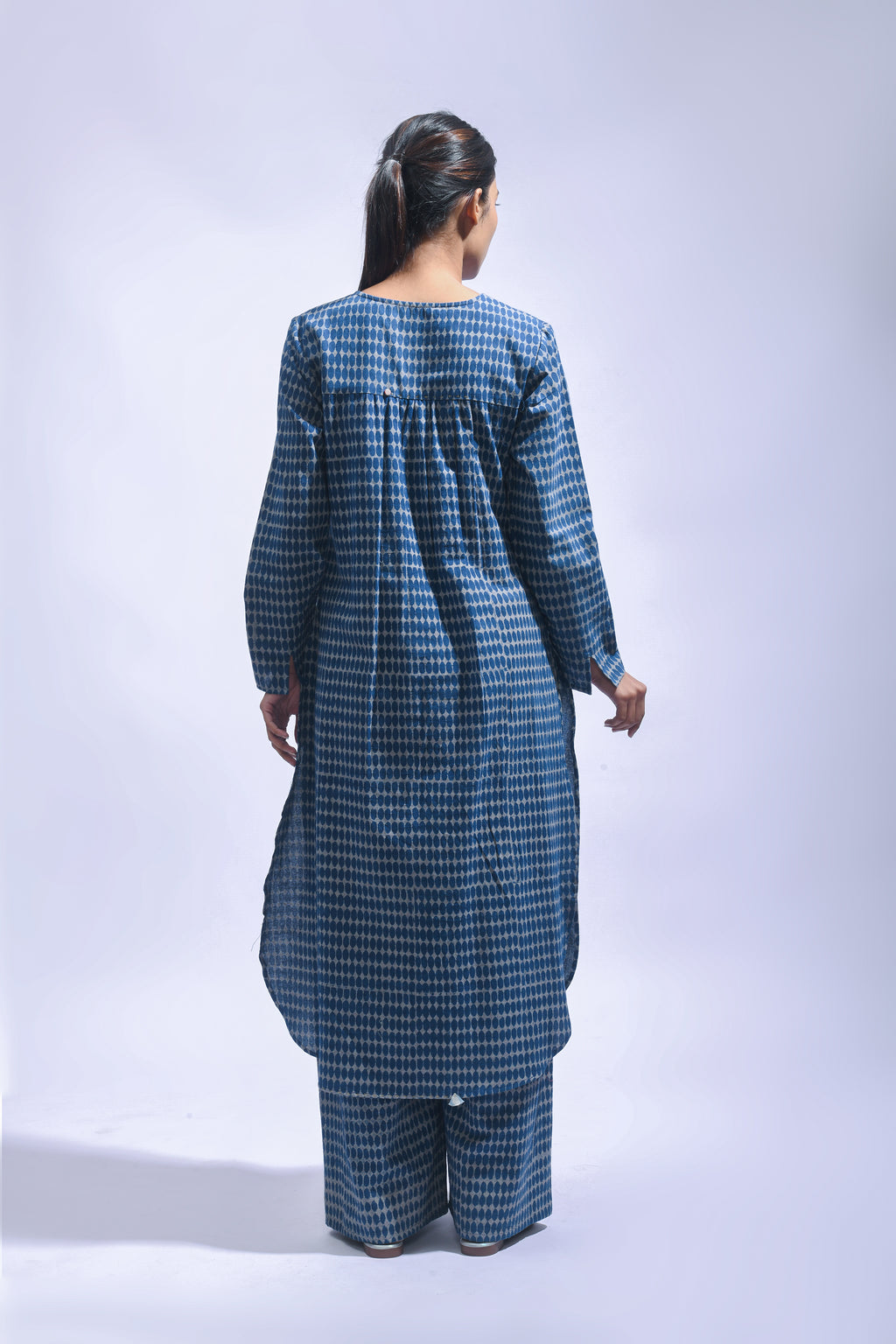 Indigo Block Printed Chambray Kurta & Pants Set