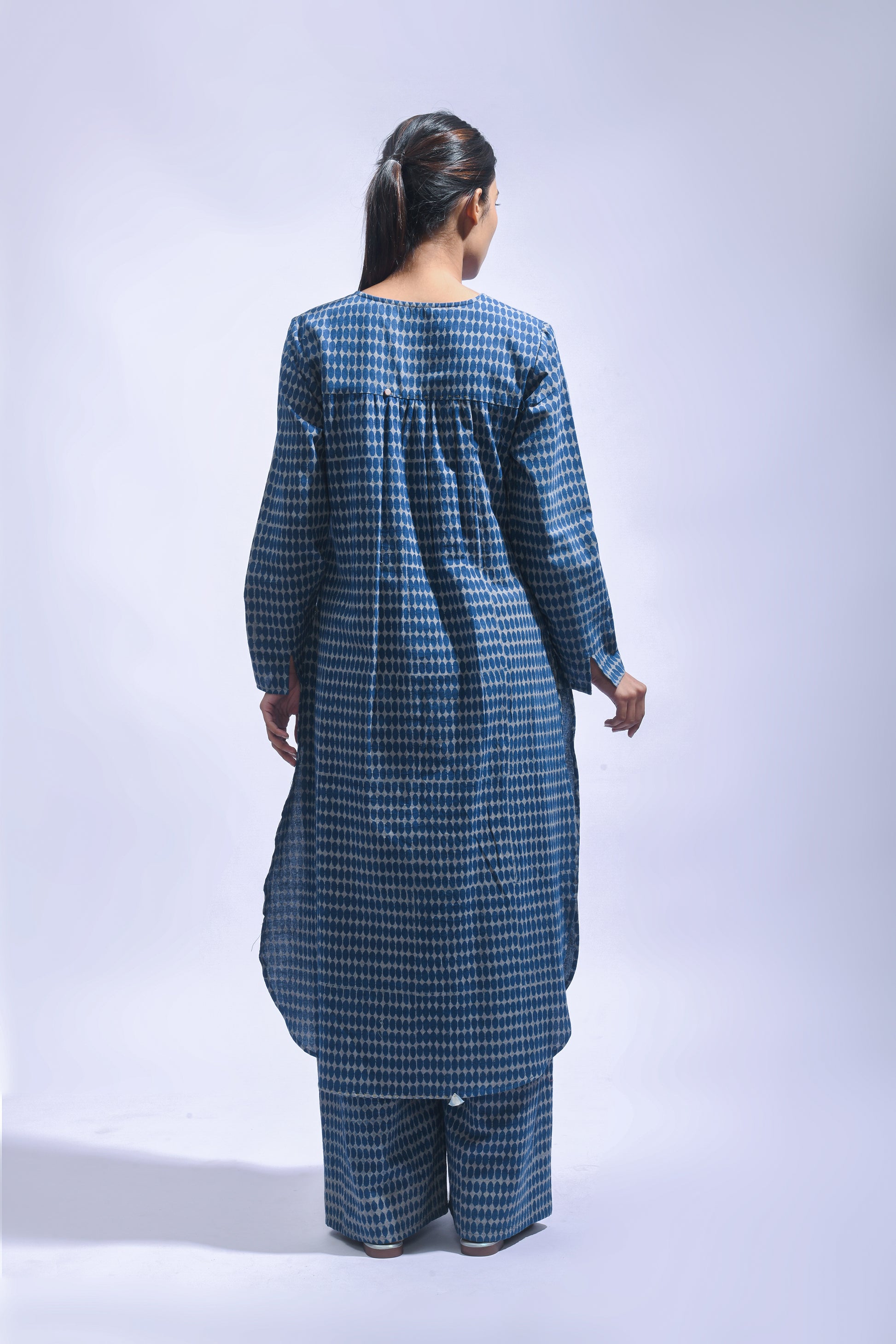 Indigo Block Printed Chambray Kurta & Pants Set