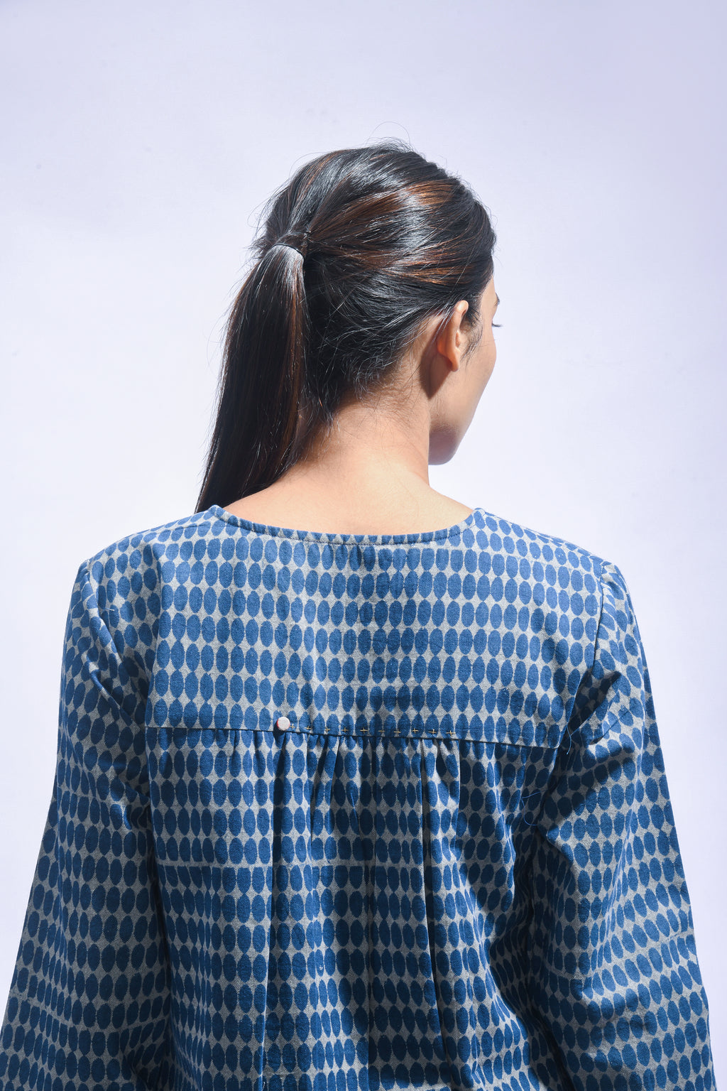Indigo Block Printed Chambray Kurta & Pants Set