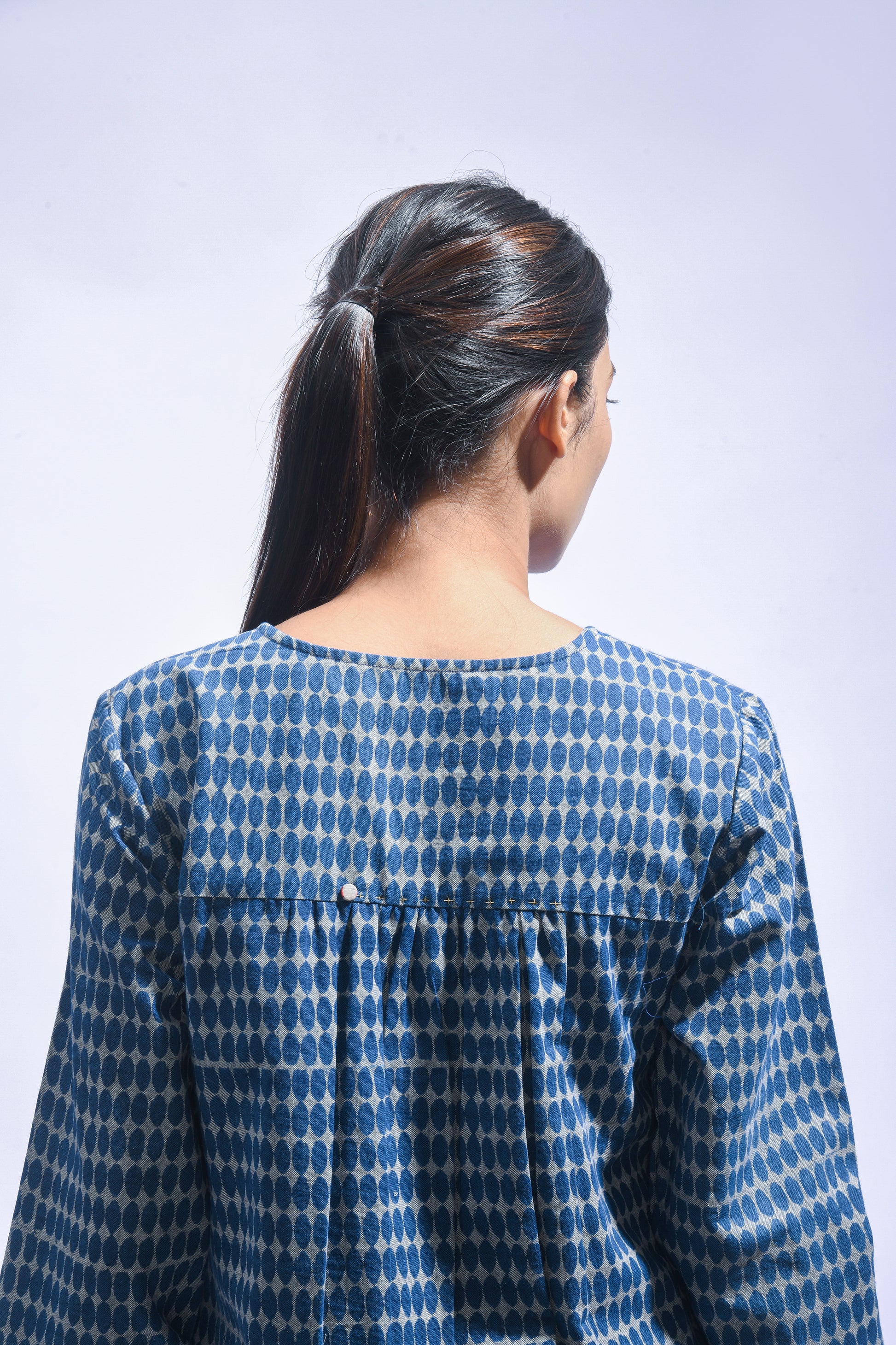 Indigo Block Printed Chambray Kurta & Pants Set
