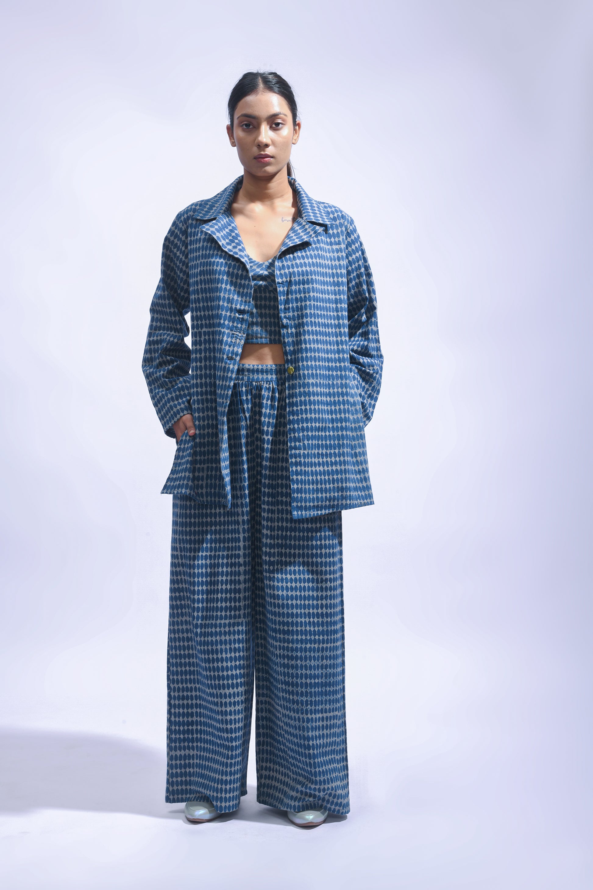 Block Printed Cotton Chambray Blazer Set