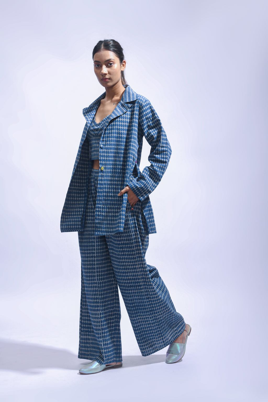 Block Printed Cotton Chambray Blazer Set