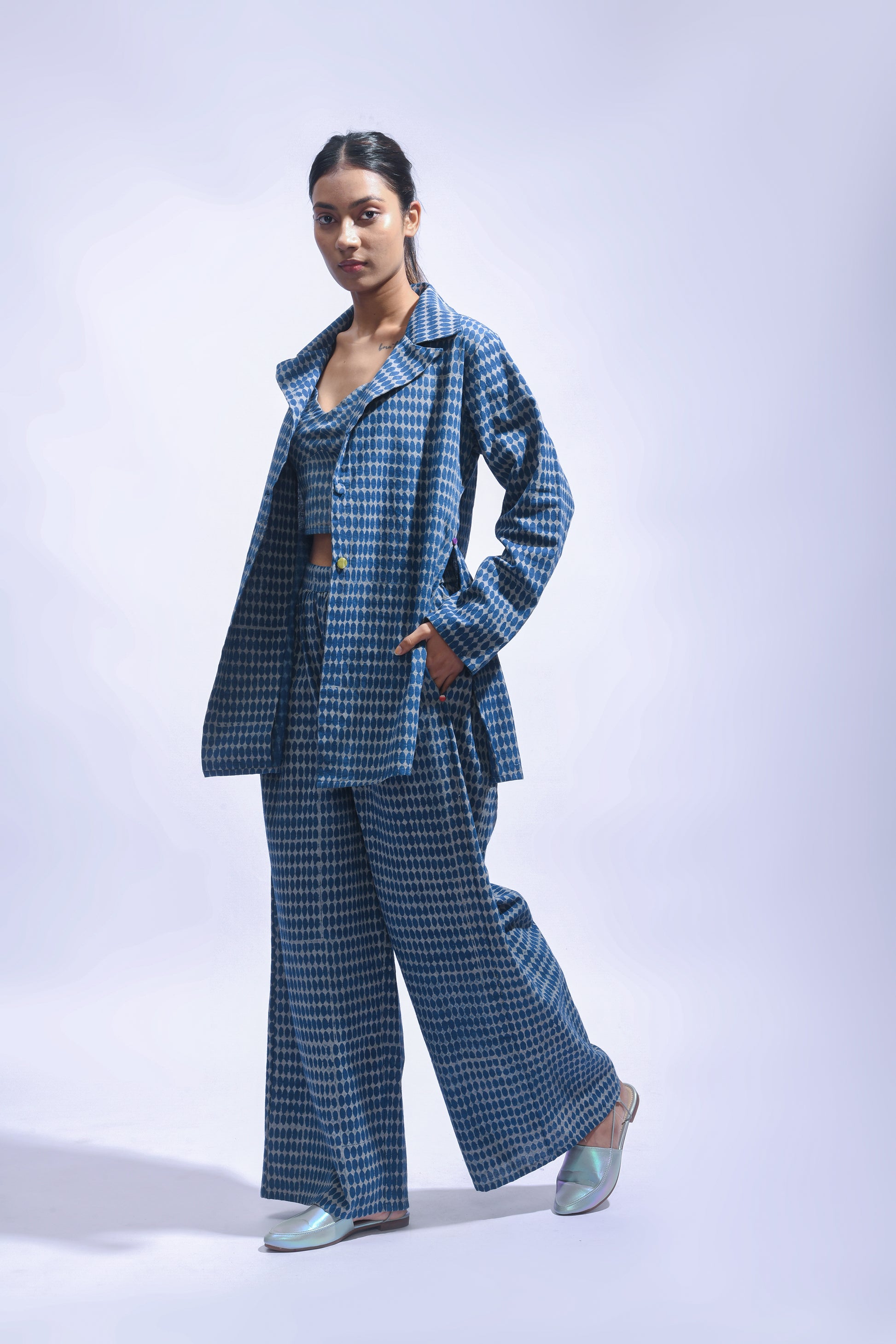 Block Printed Cotton Chambray Blazer Set