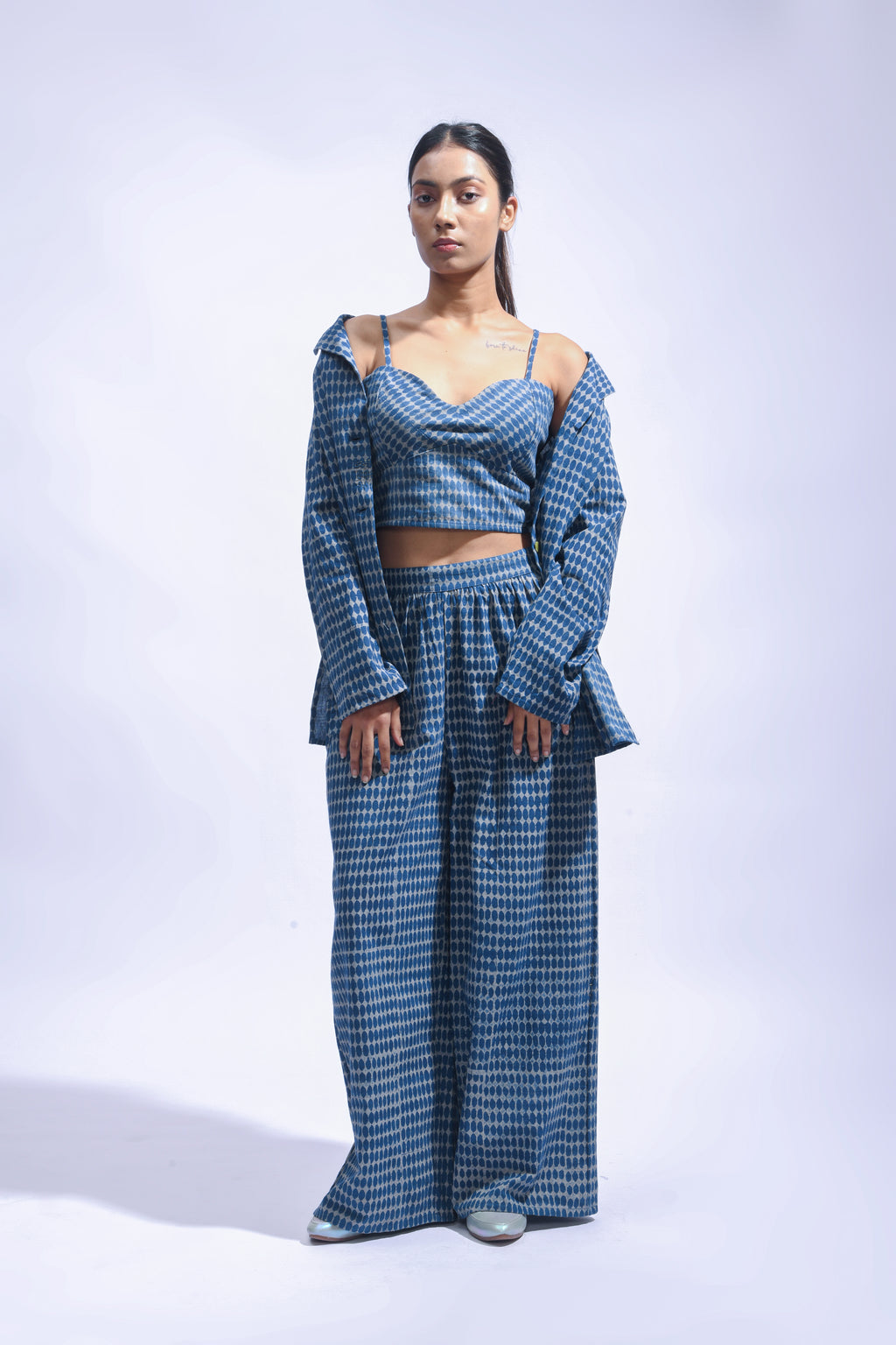 Block Printed Cotton Chambray Blazer Set