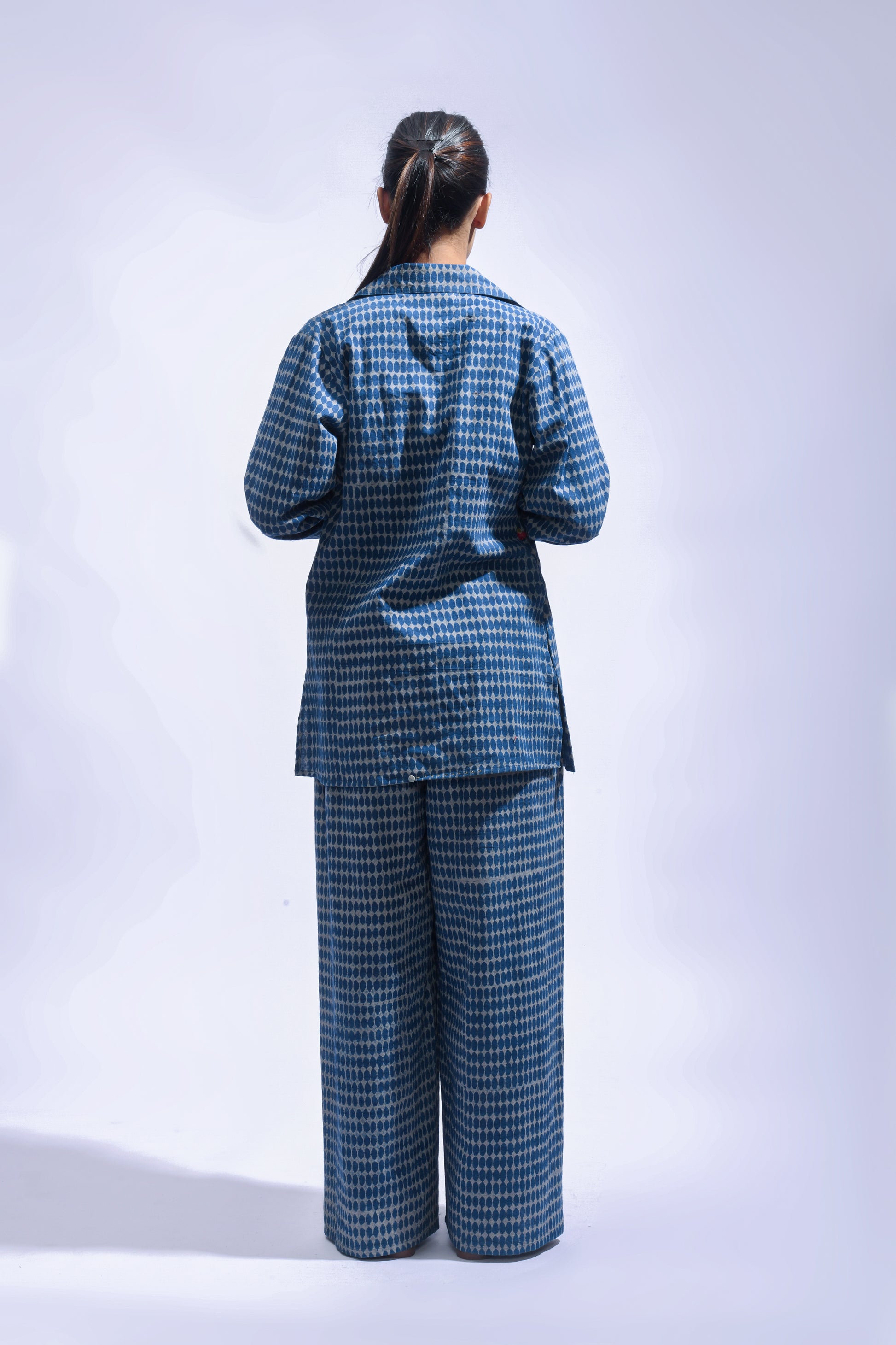 Block Printed Cotton Chambray Blazer Set