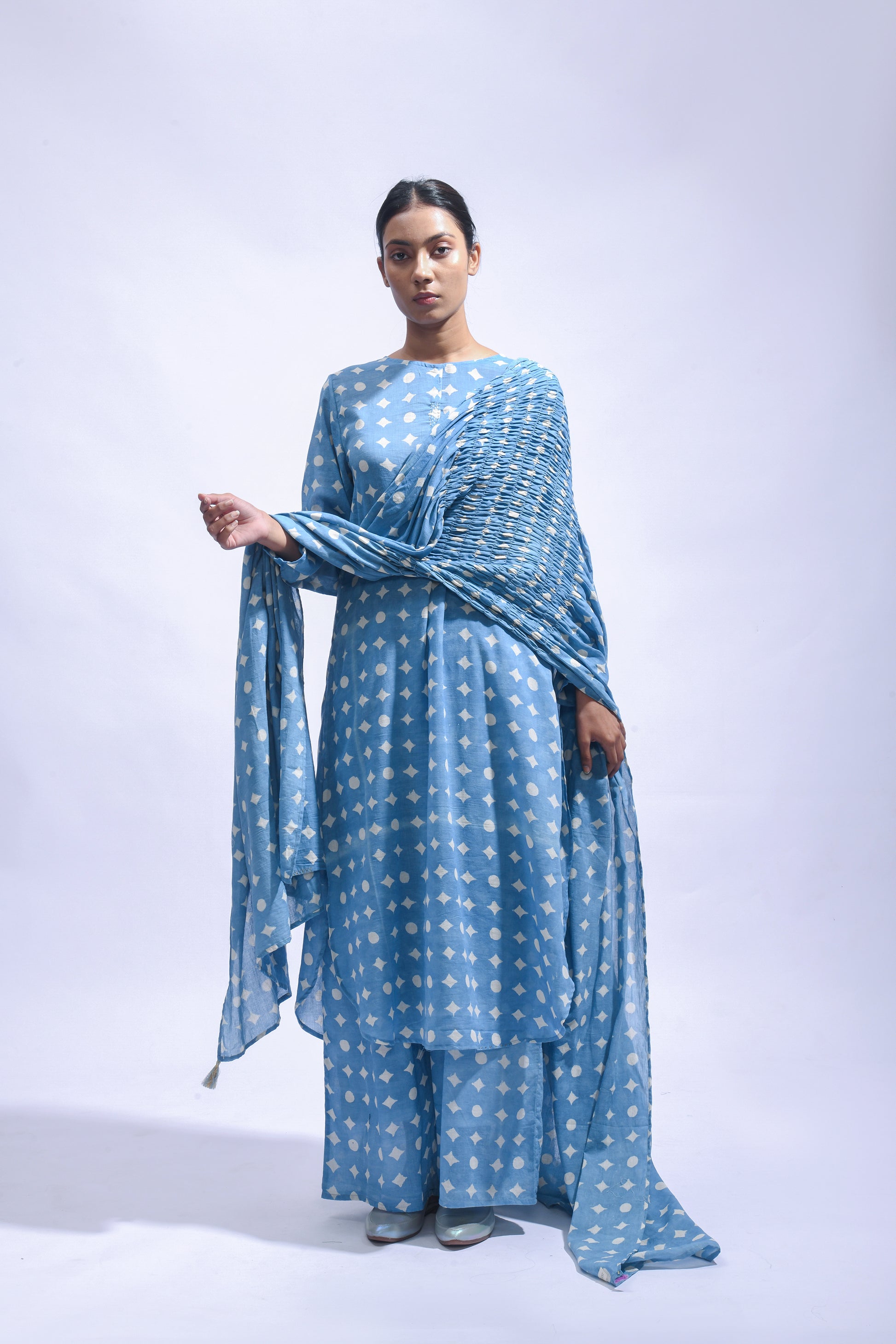 Sky Mud Block Cotton Kurta Set-Kasis