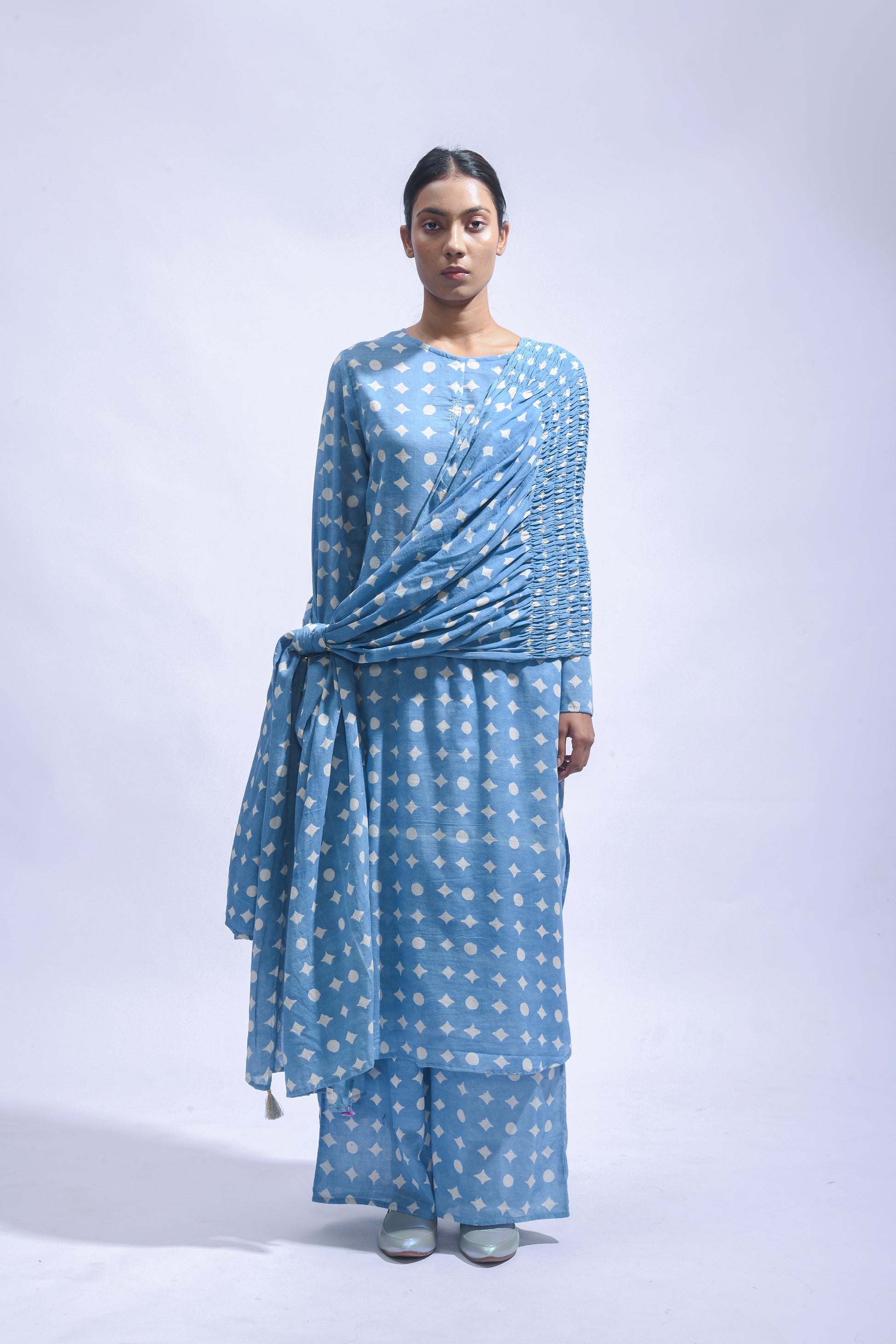 Sky Mud Block Cotton Kurta Set-Kasis