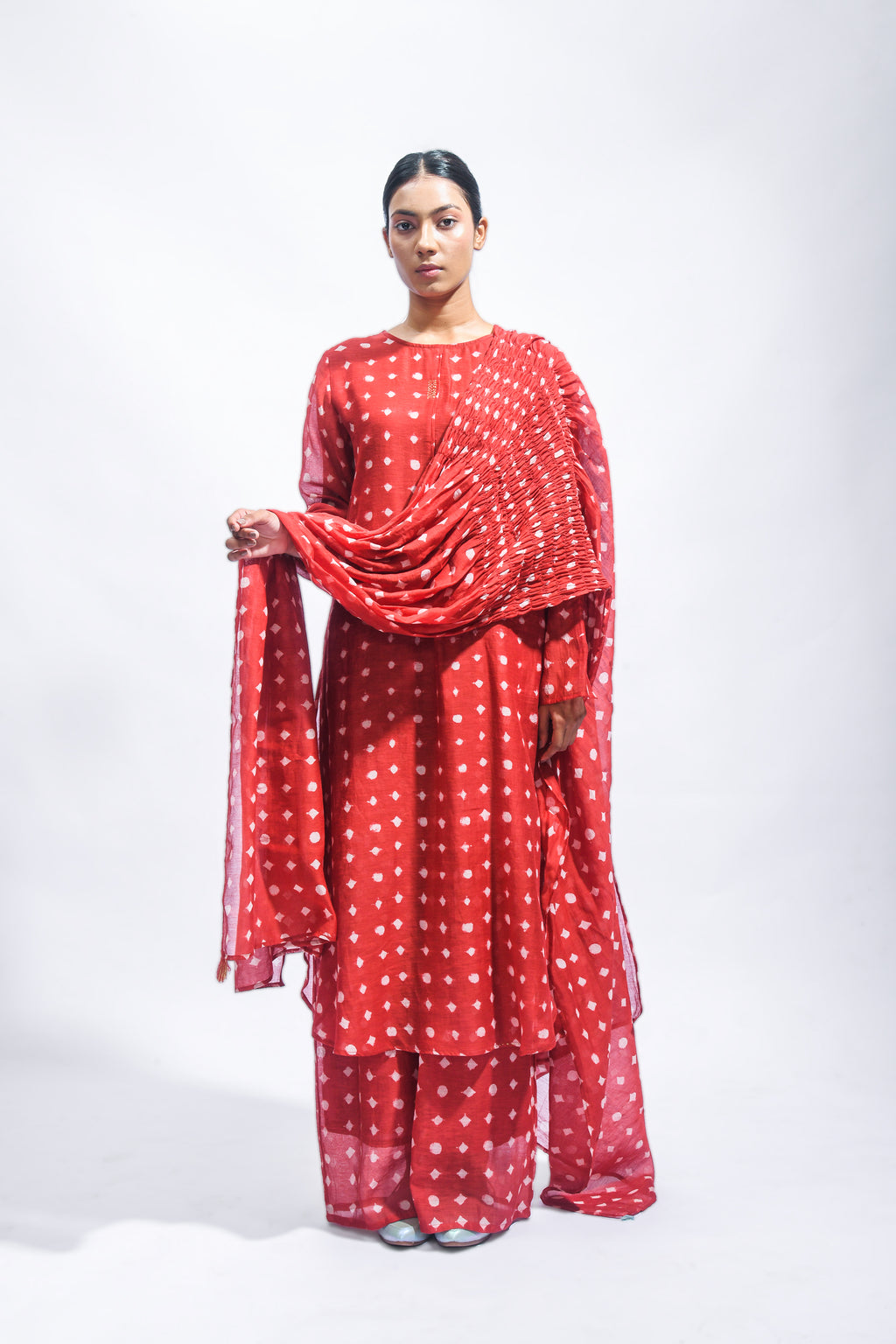 Block Printed Silk Kurta Set with Smocked Dupatta