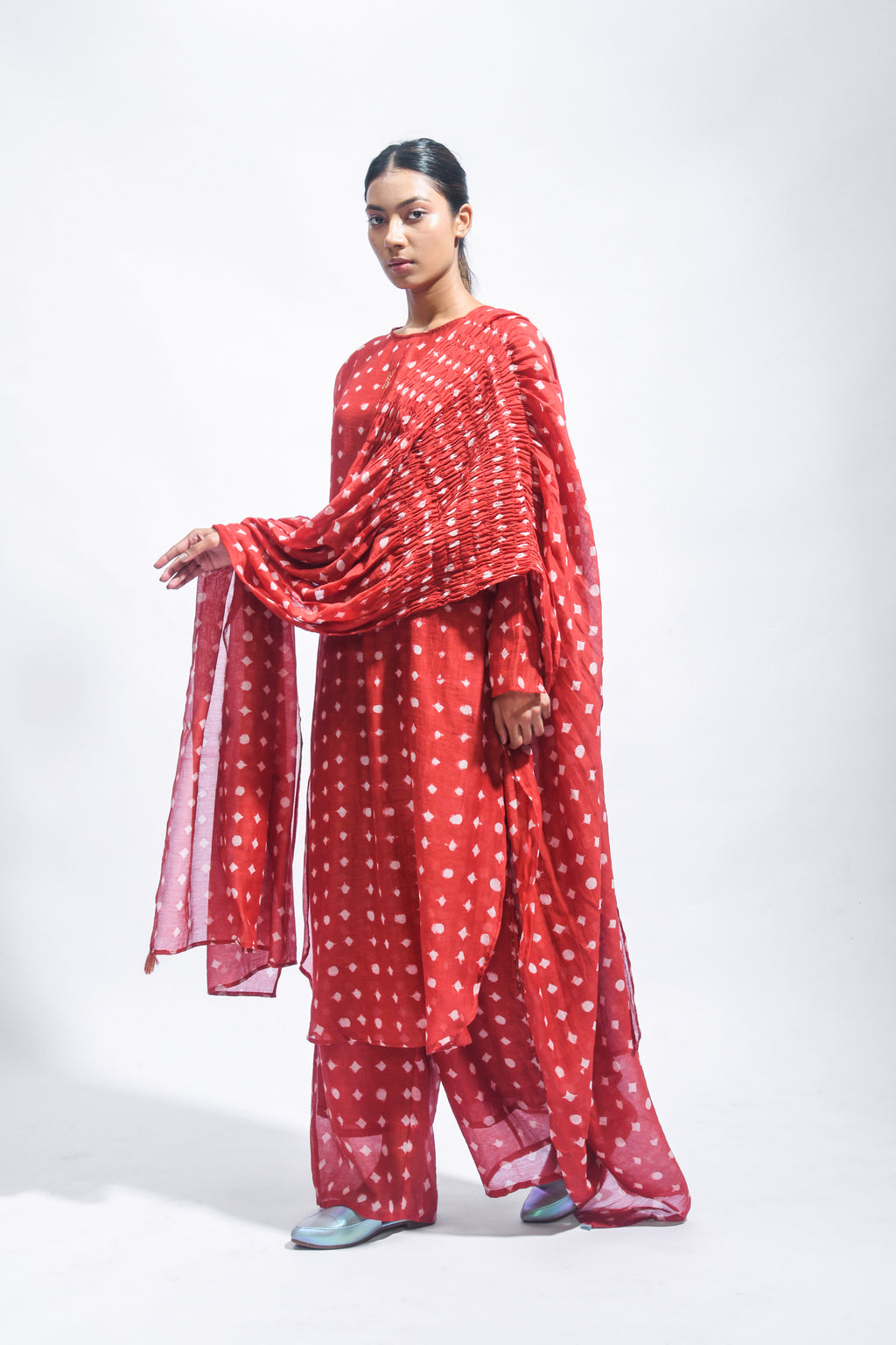 Block Printed Silk Kurta Set with Smocked Dupatta