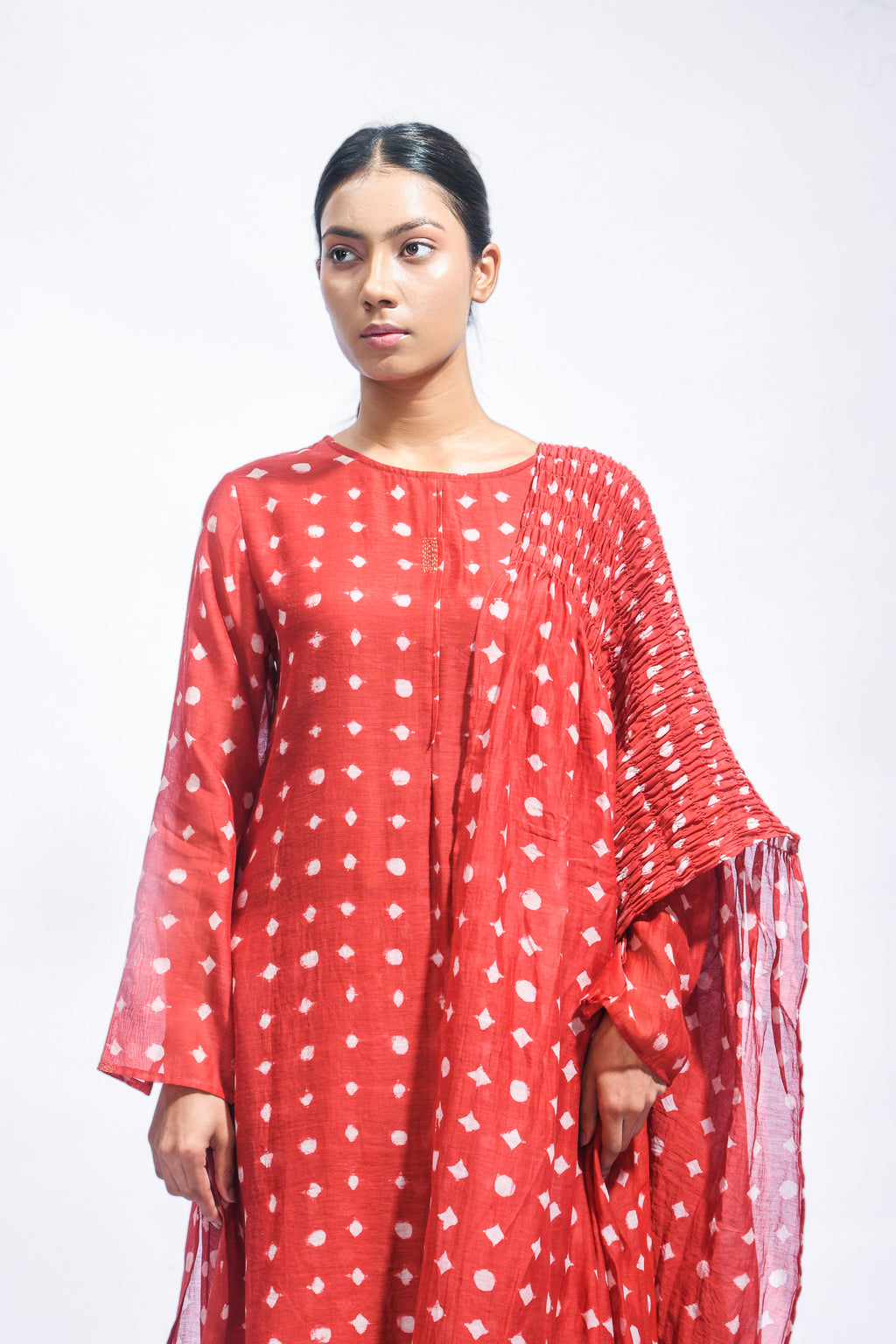 Block Printed Silk Kurta Set with Smocked Dupatta