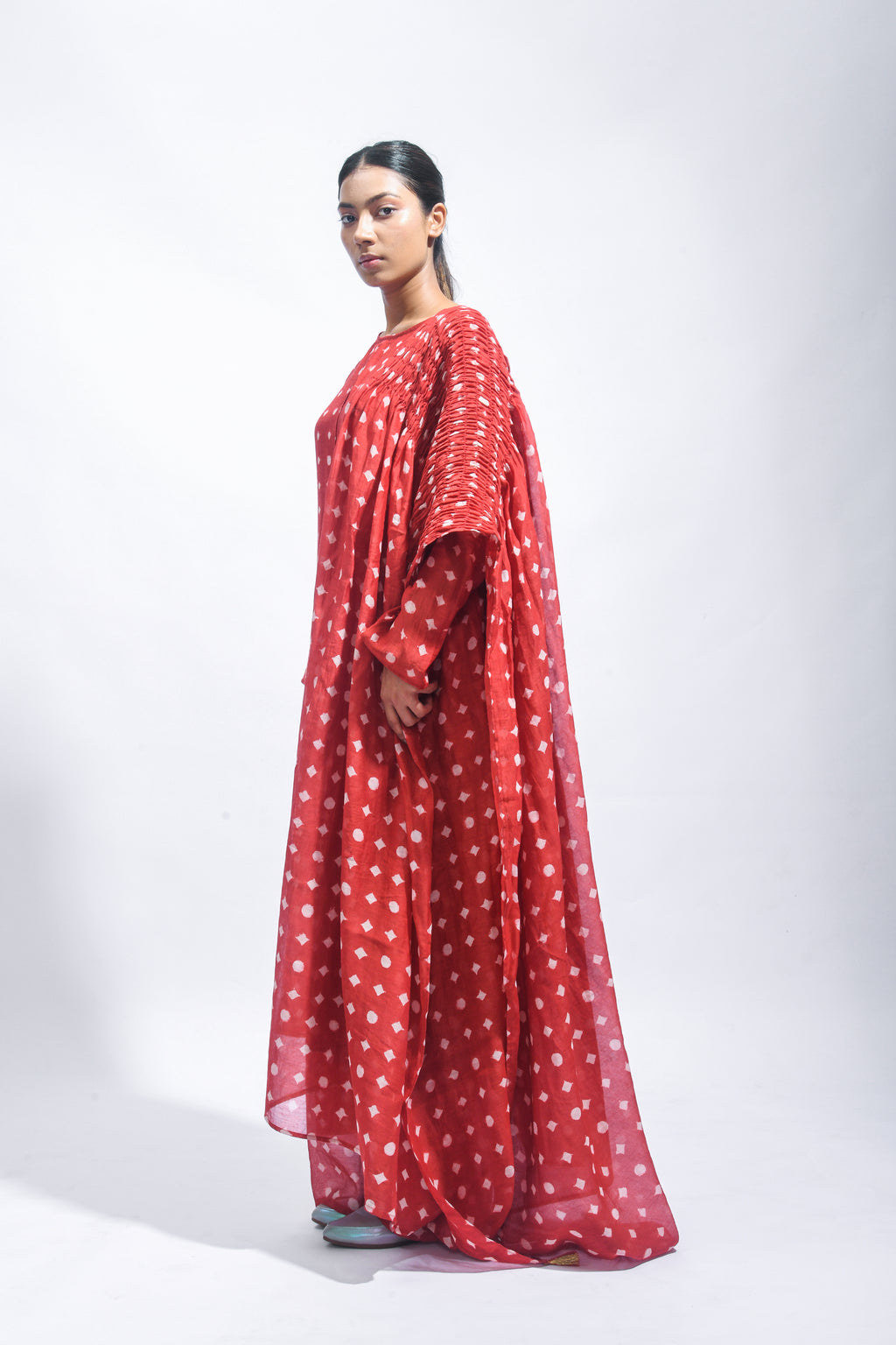 Block Printed Silk Kurta Set with Smocked Dupatta