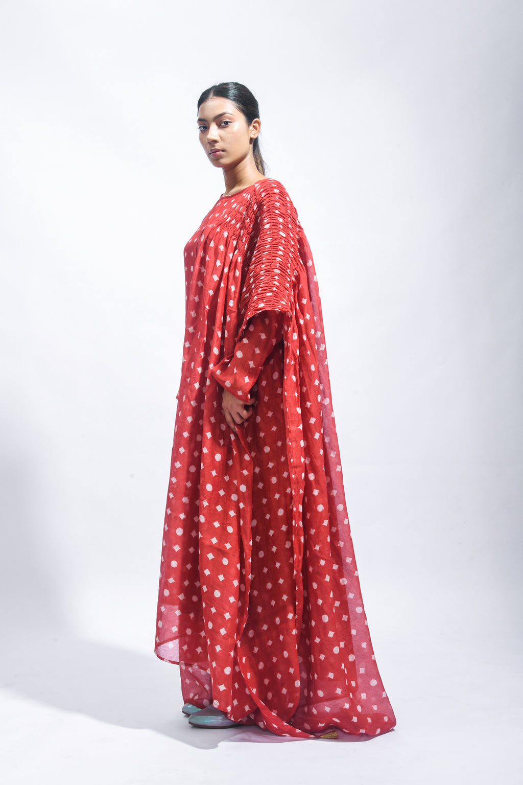 Block Printed Silk Kurta Set with Smocked Dupatta