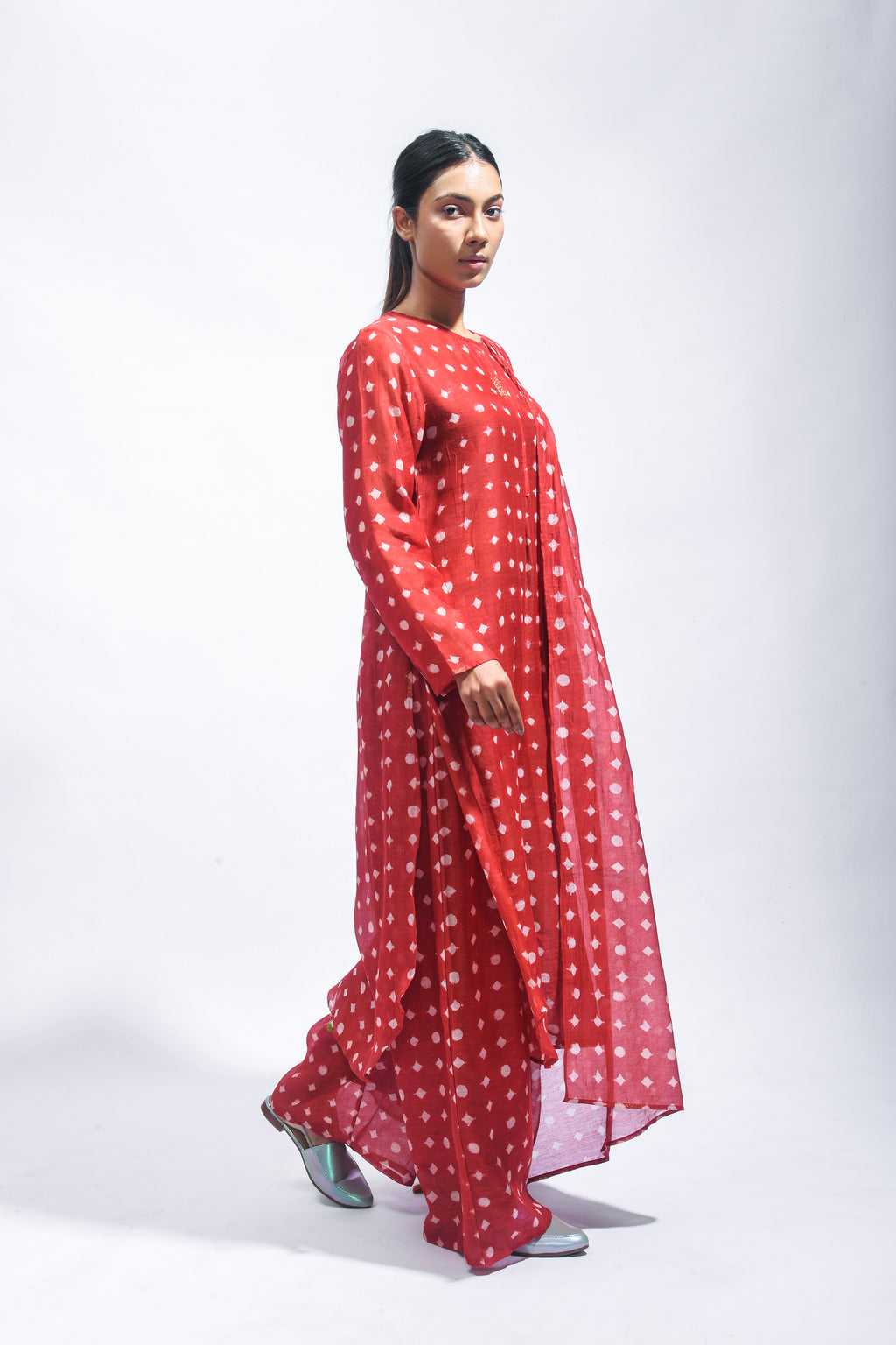 Block Printed Silk Kurta Set with Smocked Dupatta