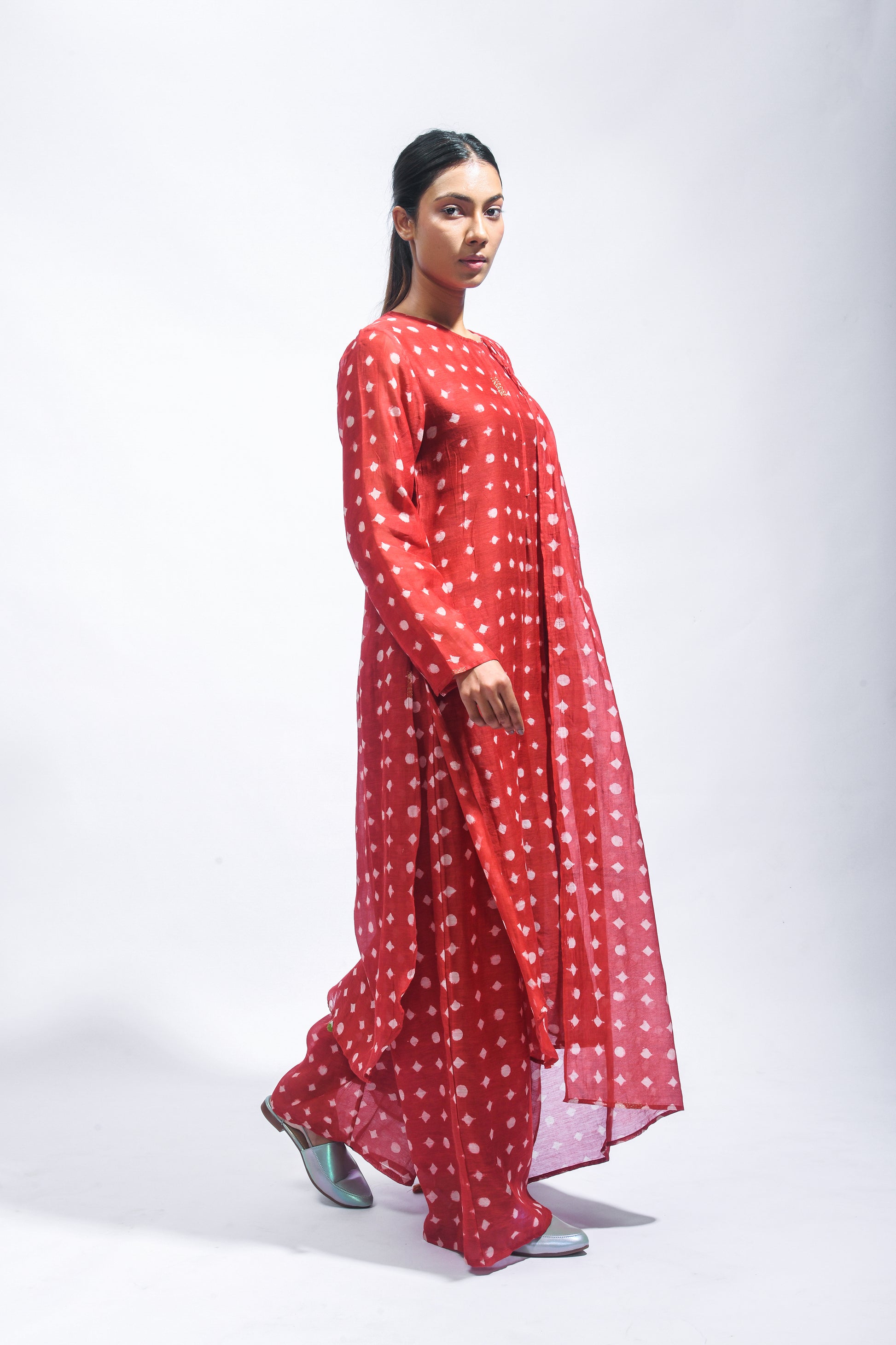 Block Printed Silk Kurta Set with Smocked Dupatta