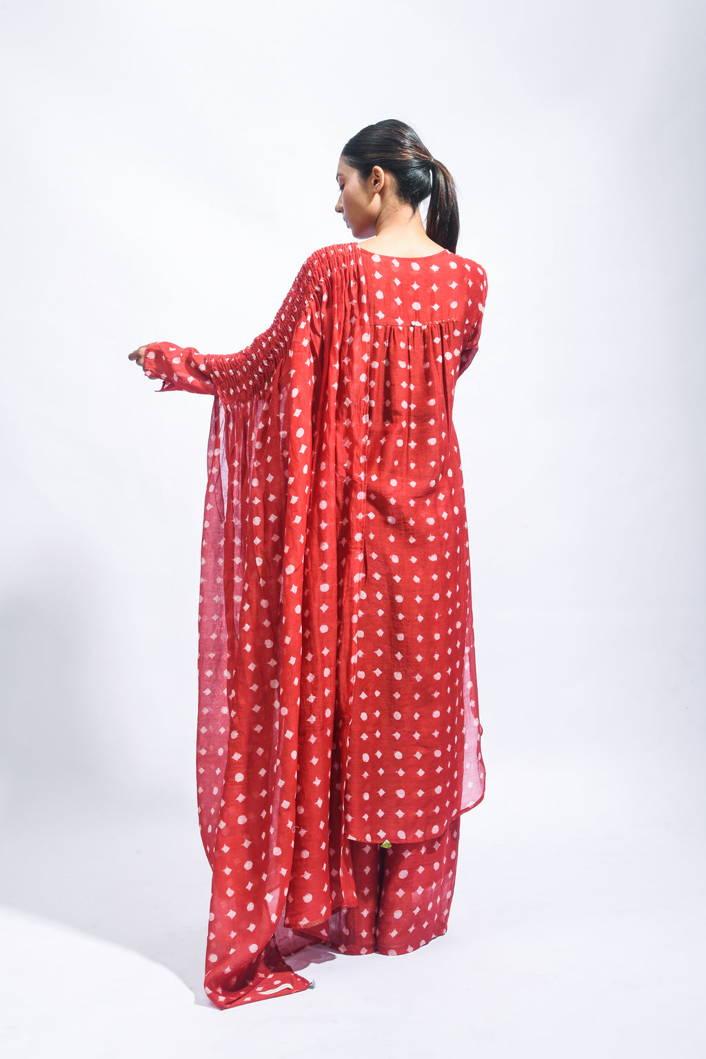 Block Printed Silk Kurta Set with Smocked Dupatta